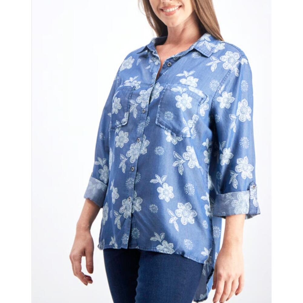 BILLY T Chambray Button Down Shirt Long Sleeve Floral Print Blue White Size L